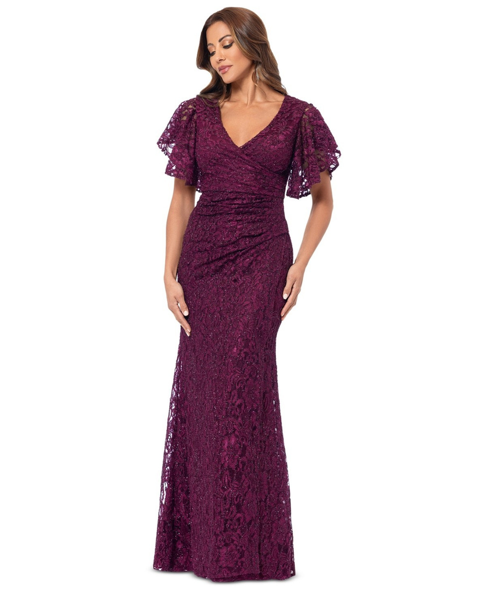 Betsy & Adam Women's Eyelash-Lace Flutter-Sleeve Long Dress - Wine, MSRP: 179$
